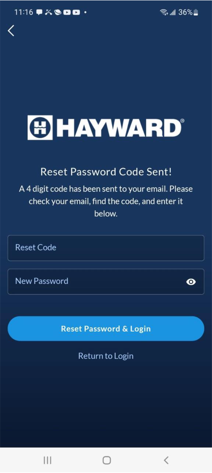Omni App notification that password reset code has been sent.